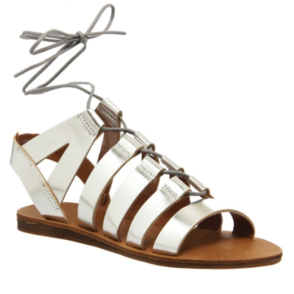 New OFFICE LONDON Silver Gladiator Ghillie Sandals Italy NWOT
